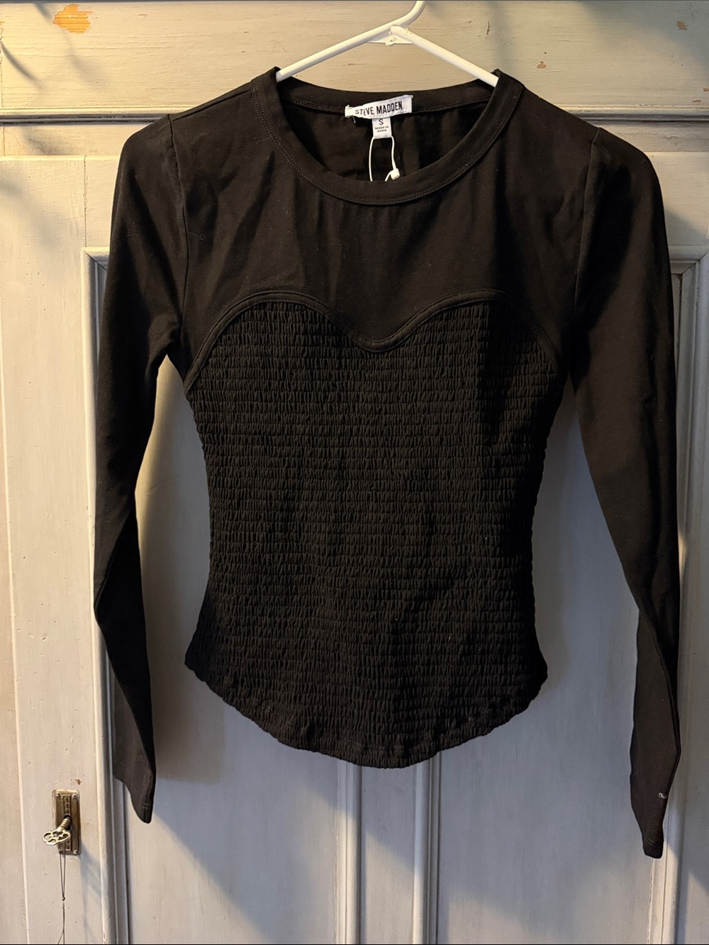 Steve Madden Black Long-Sleeve Smocked Bustier Top